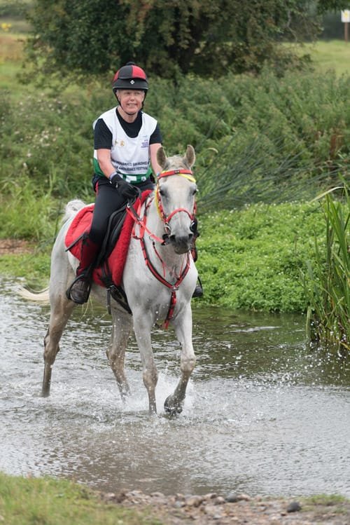 Endurance rider crossing water at FEI European Championship Euston Park Thetford